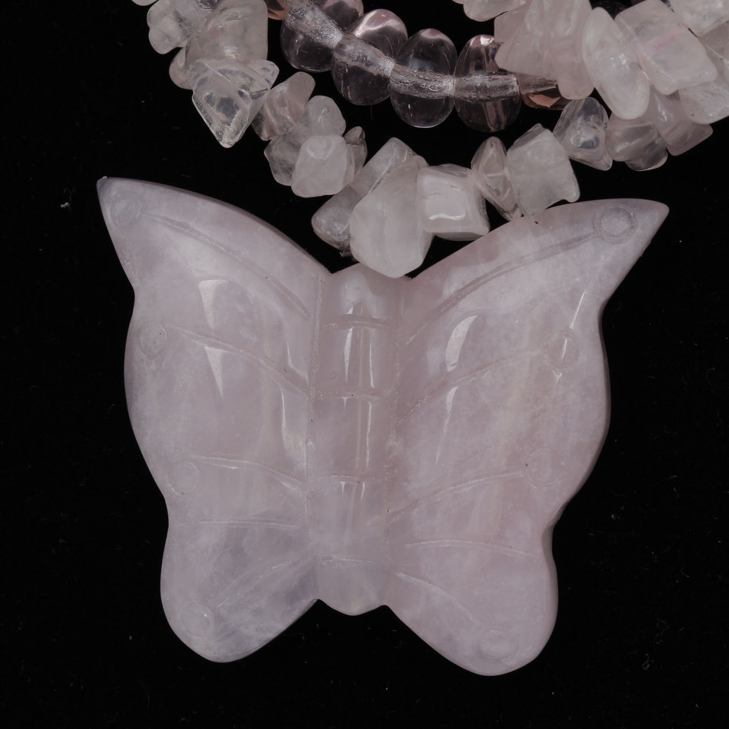 Heavy Multi Strand Rose Quartz Butterfly Necklace