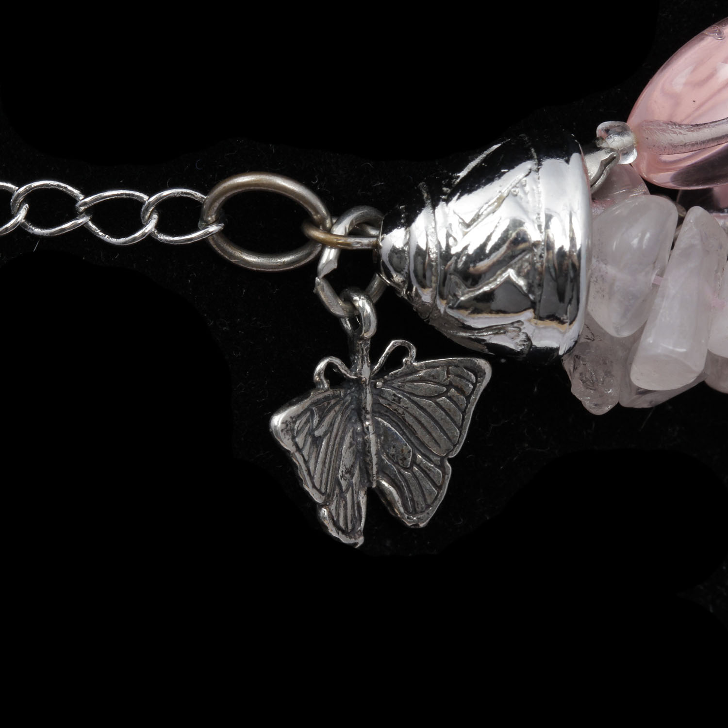 Heavy Multi Strand Rose Quartz Butterfly Necklace