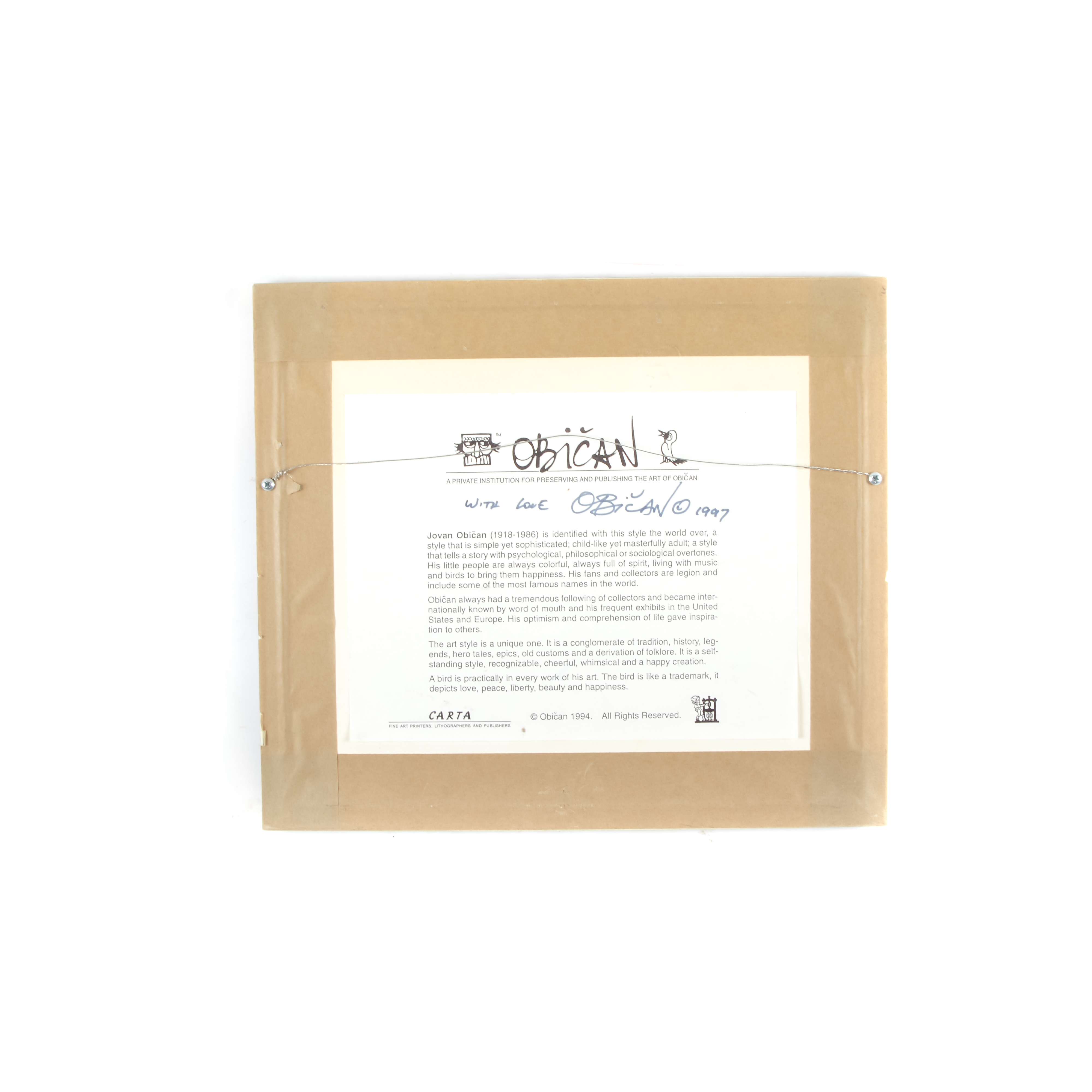 Limited Edition Signed and Framed Jovan Obican "Chuppah Wedding" Lithograph