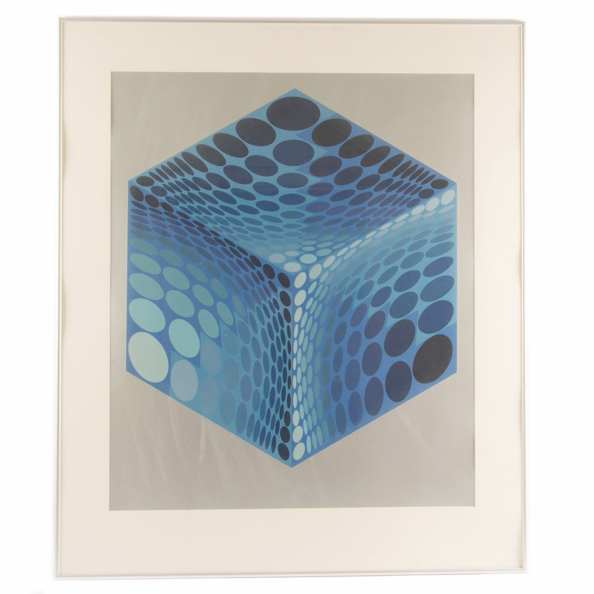 Signed Victor Vasarely Framed Op Art Serigraph Print "Blue Die"