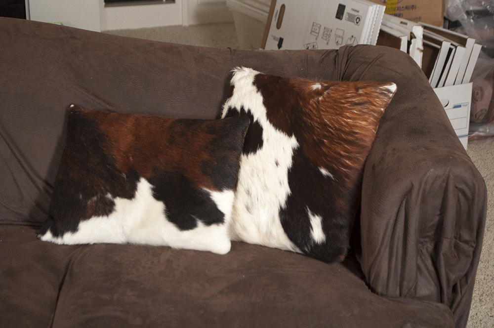 Sleeper Sofa with Microsuede Slipcover and Matching Cowhide Pillows
