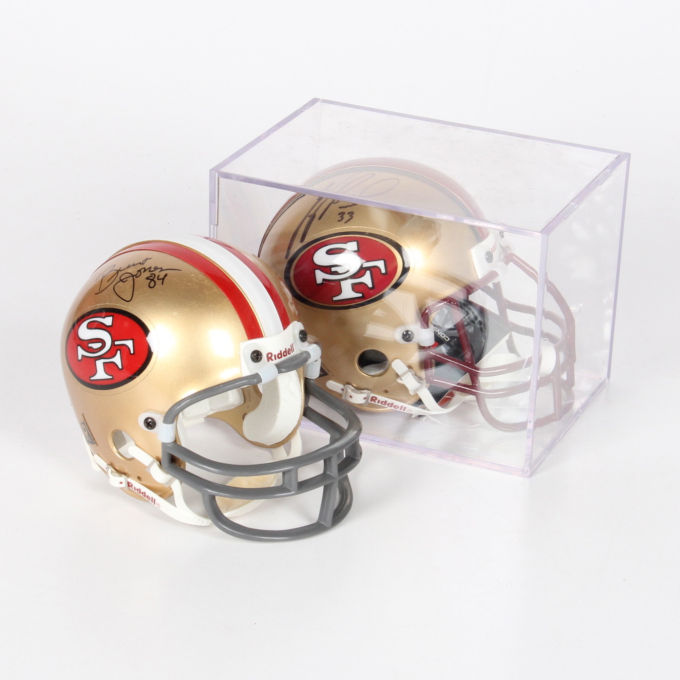 Pair of Signed Miniature Football Helmets Featuring Brent Jones