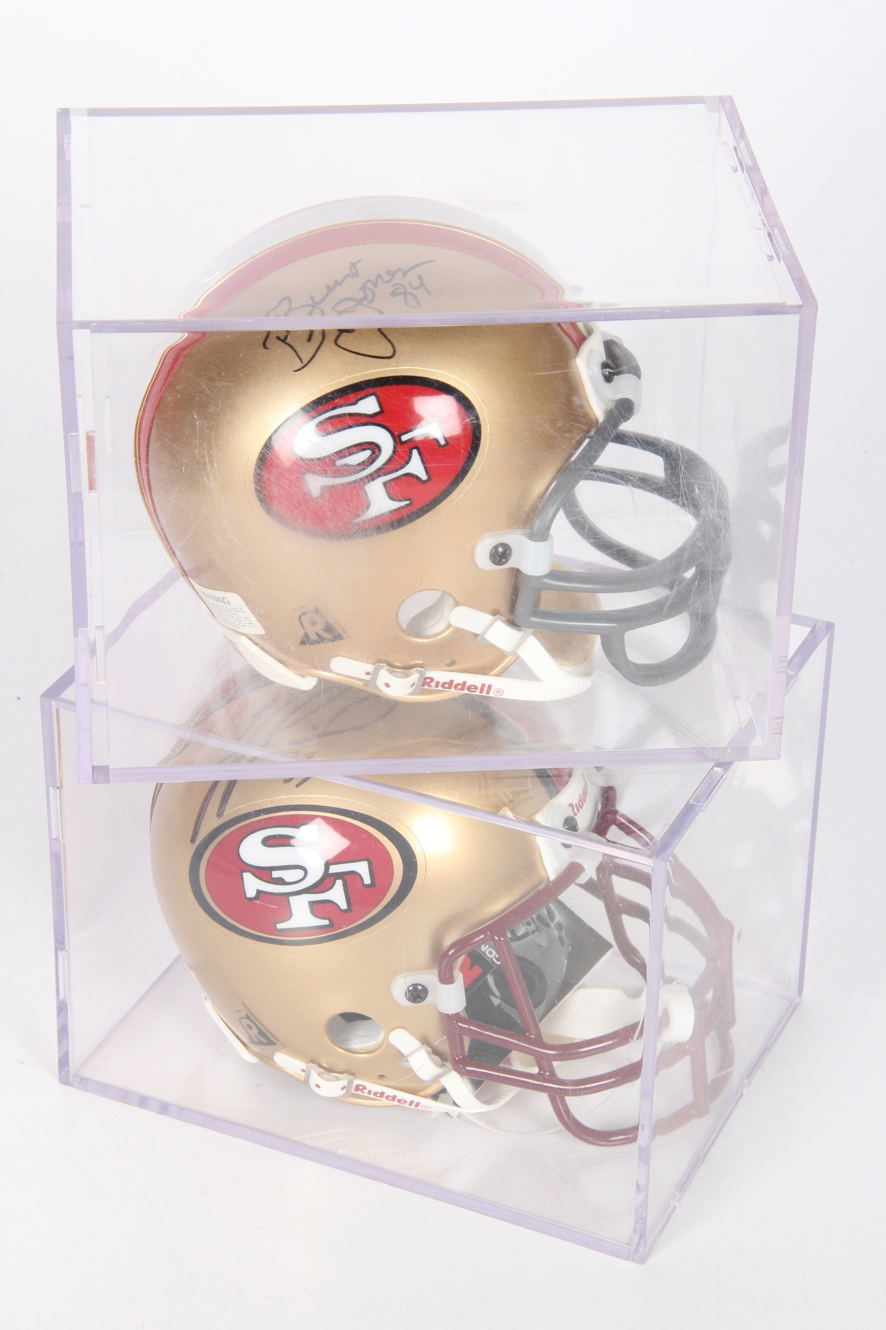 Pair of Signed Miniature Football Helmets Featuring Brent Jones