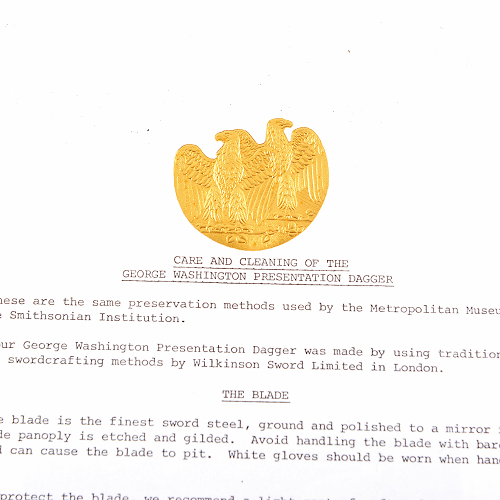 Reproduction George Washington Sterling Silver Handle Presentation Dagger by Wilkinson Sword