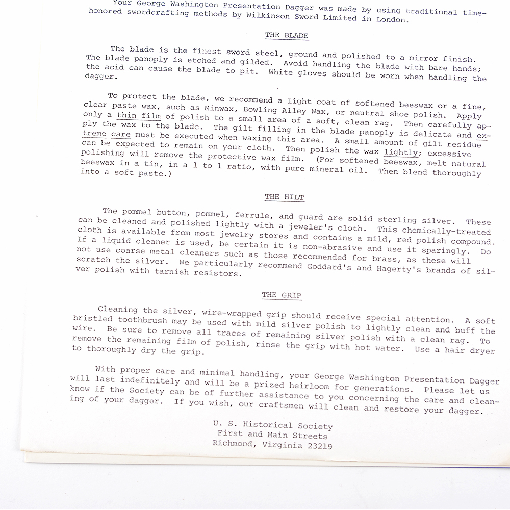 Reproduction George Washington Sterling Silver Handle Presentation Dagger by Wilkinson Sword