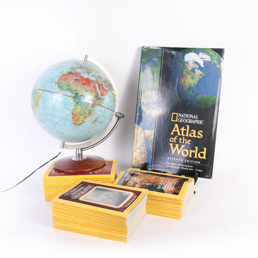 National Geographic Atlas and Magazines with Globe