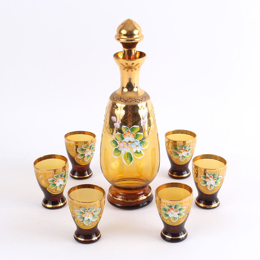 Hand Painted and Blown Amber Glass Decanter with Cups