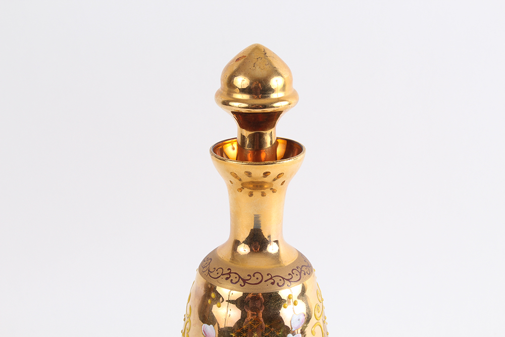 Hand Painted and Blown Amber Glass Decanter with Cups