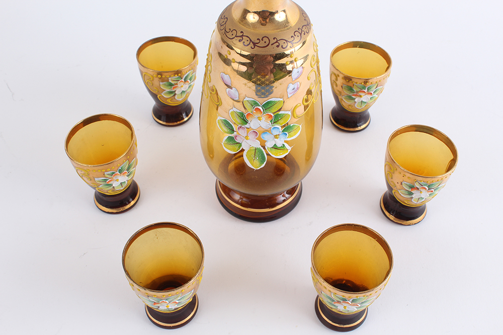 Hand Painted and Blown Amber Glass Decanter with Cups