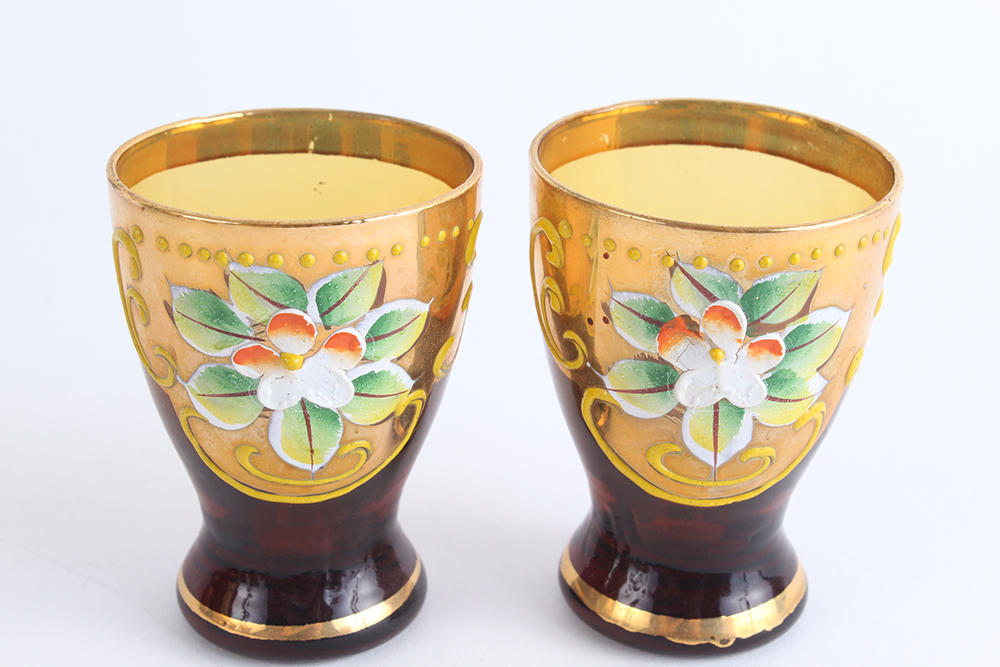 Hand Painted and Blown Amber Glass Decanter with Cups