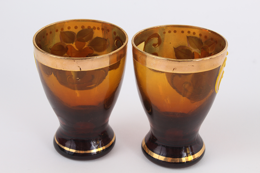 Hand Painted and Blown Amber Glass Decanter with Cups