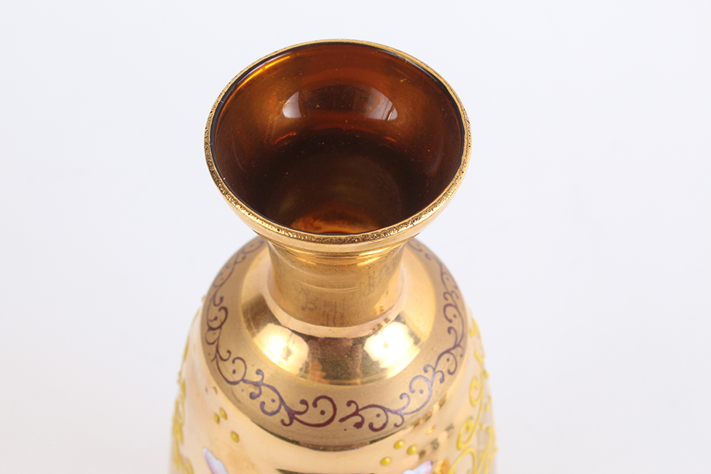 Hand Painted and Blown Amber Glass Decanter with Cups
