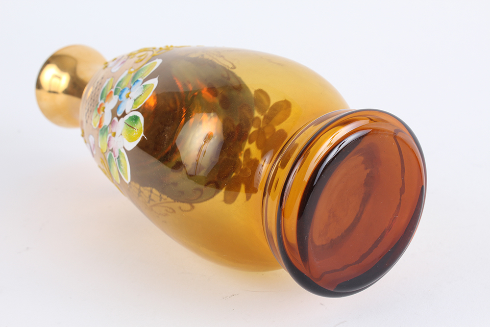 Hand Painted and Blown Amber Glass Decanter with Cups