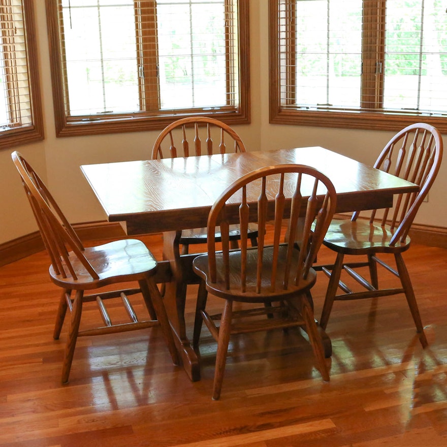 Amish-Made Oak Dining Table and Chairs with Two Leaves