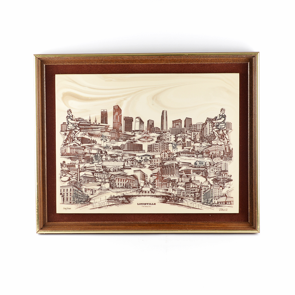 Signed and Numbered Hand Cut Marble Engraving of Louisville by D. Bevins