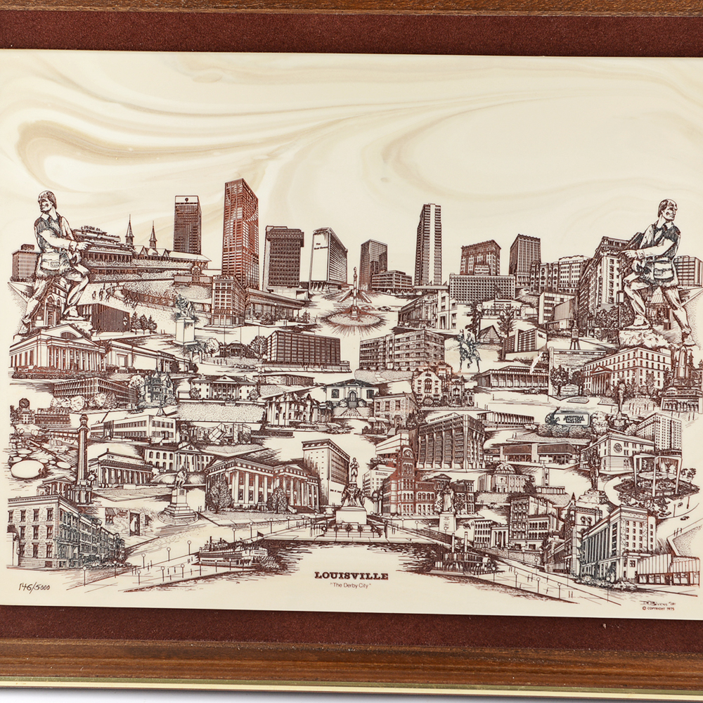 Signed and Numbered Hand Cut Marble Engraving of Louisville by D. Bevins