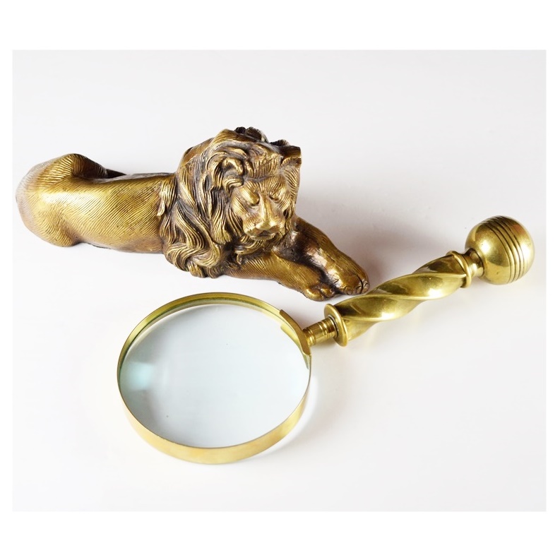 Reclining Lion Brass Paperweight and Magnifying Glass