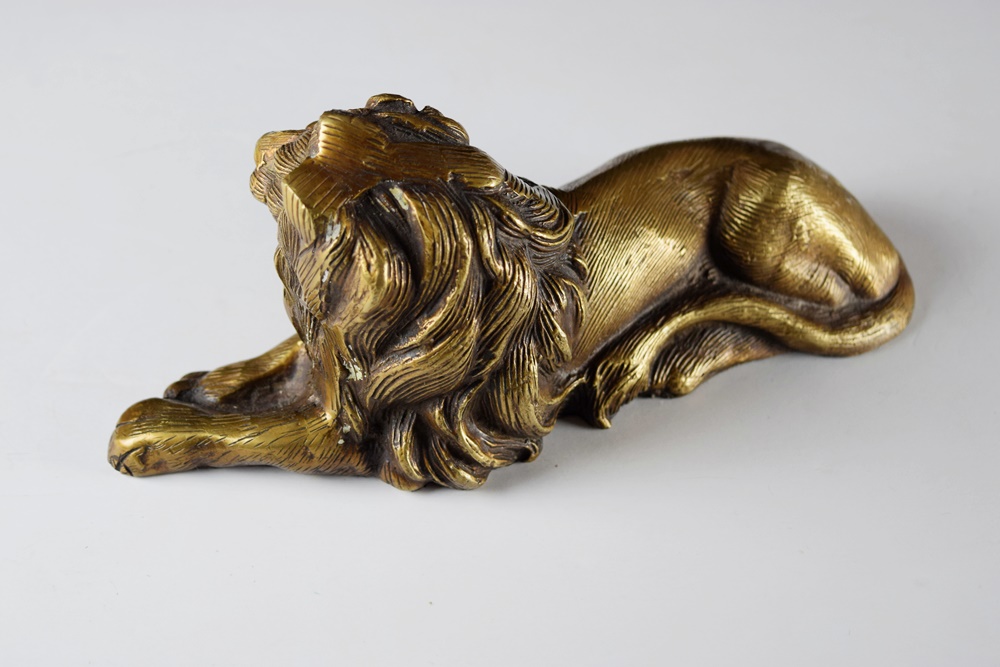 Reclining Lion Brass Paperweight and Magnifying Glass
