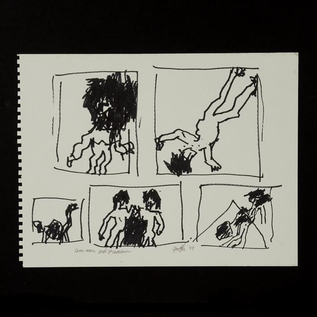 Robert Goodnough Marker Drawing "Cave Men and Dinosaur"