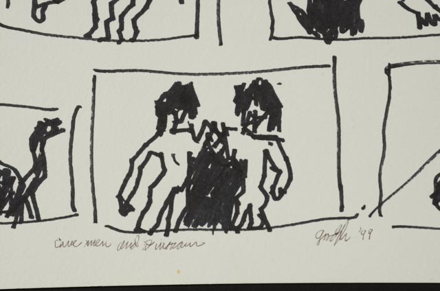 Robert Goodnough Marker Drawing "Cave Men and Dinosaur"