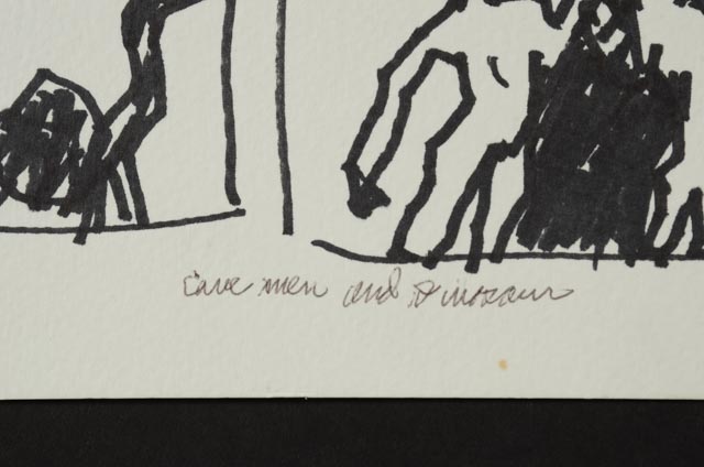 Robert Goodnough Marker Drawing "Cave Men and Dinosaur"