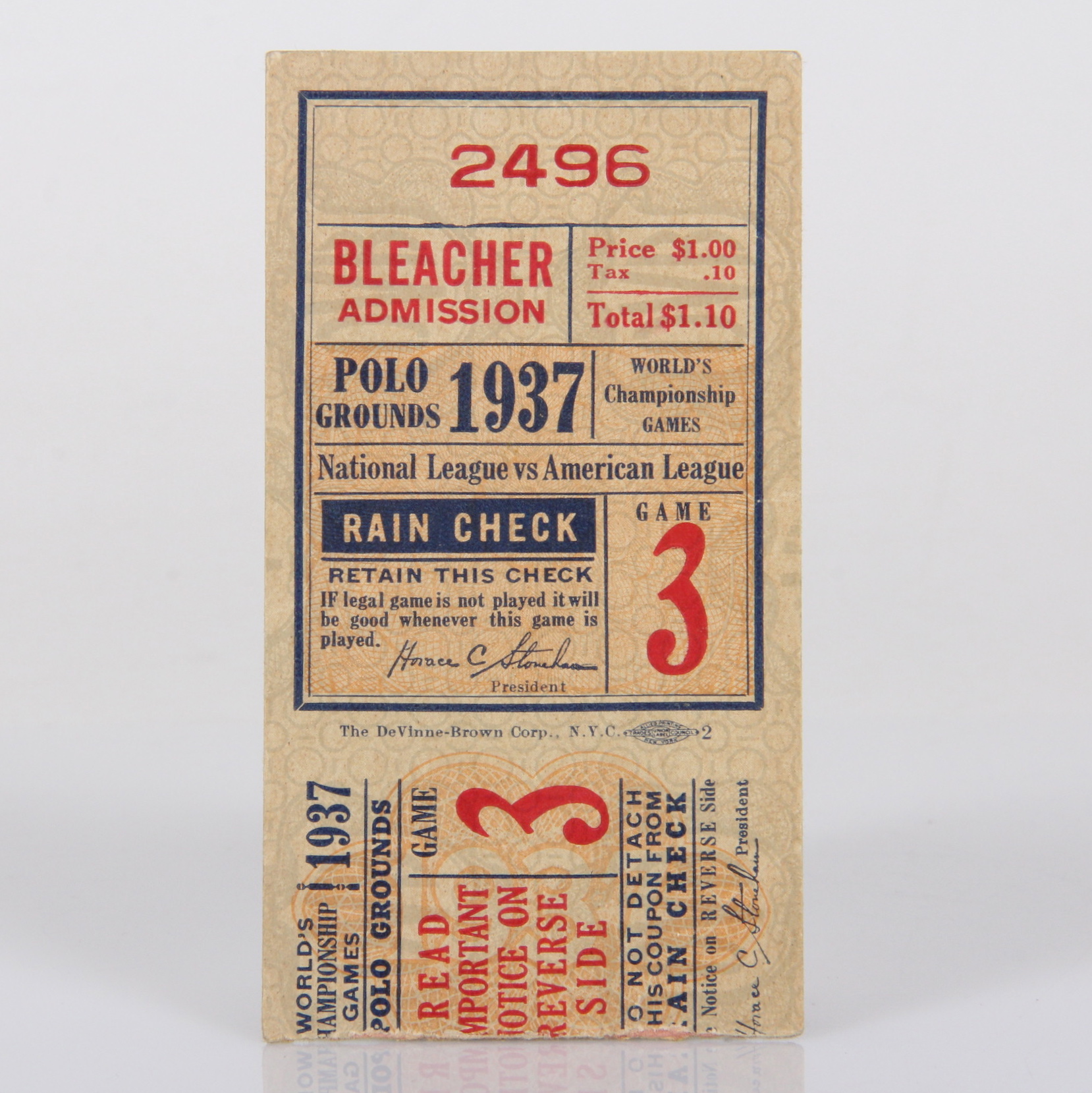1937 World Series Game 3 Ticket Stub