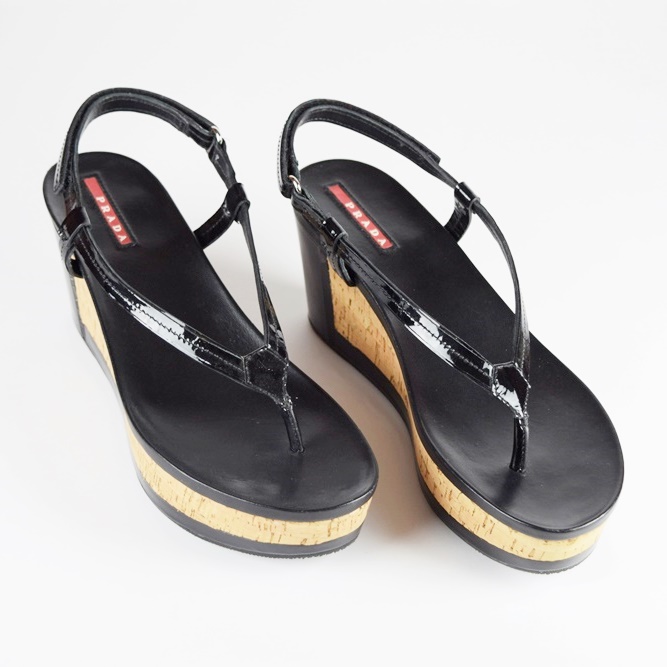Prada Black Patent Leather Cork Platform Sandals