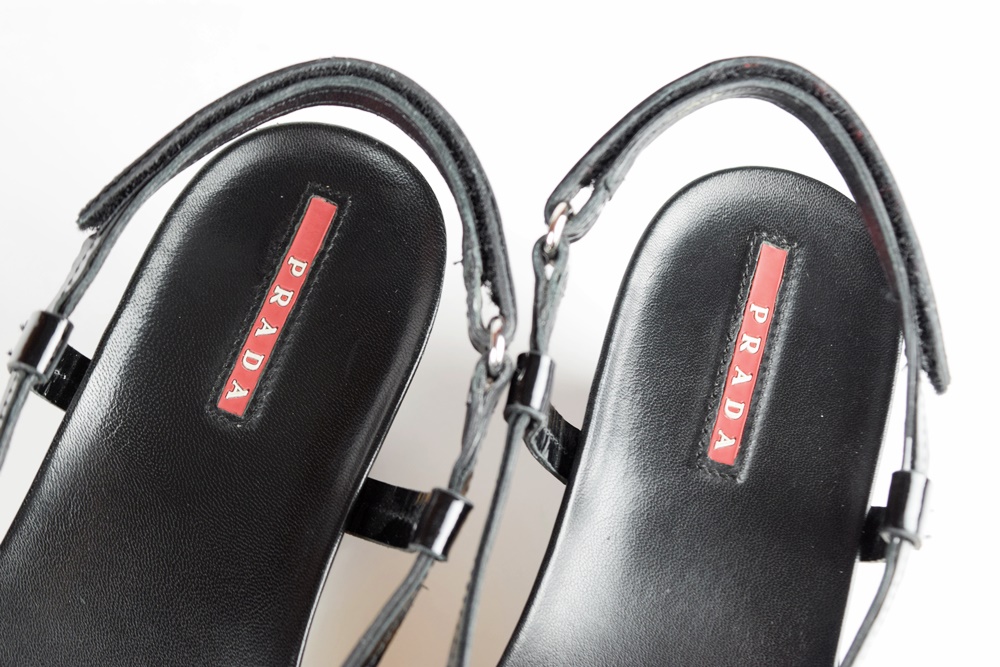 Prada Black Patent Leather Cork Platform Sandals