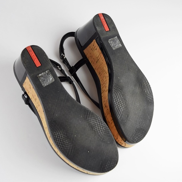 Prada Black Patent Leather Cork Platform Sandals