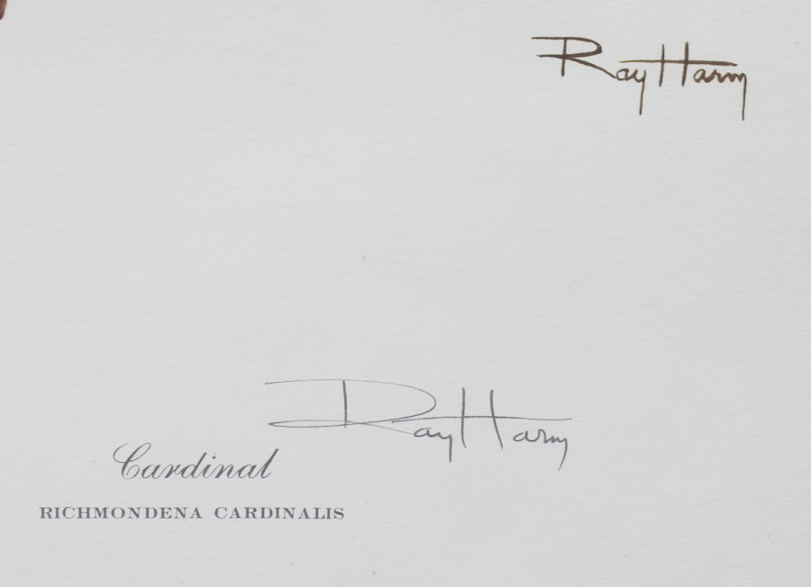 Signed Ray Harm "Cardinal" and Sunflower Print