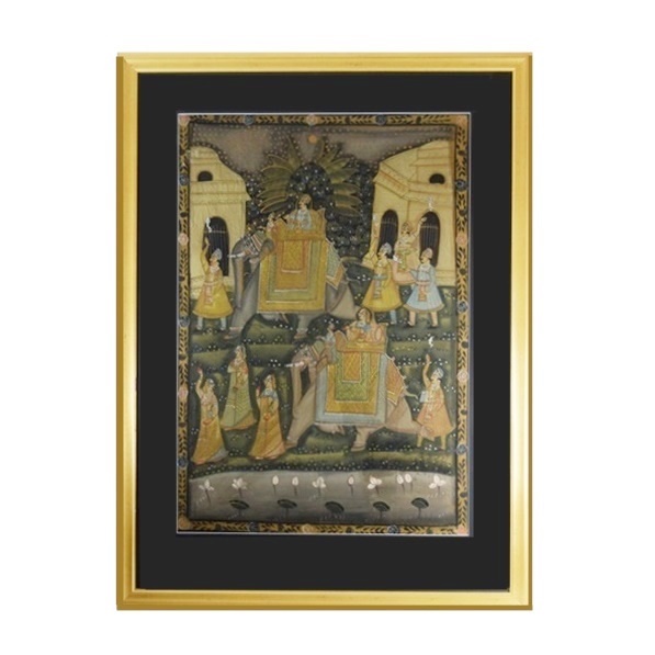Indian Silk Painting Illustrating Marraige Procession with Elephants, Professionally Framed