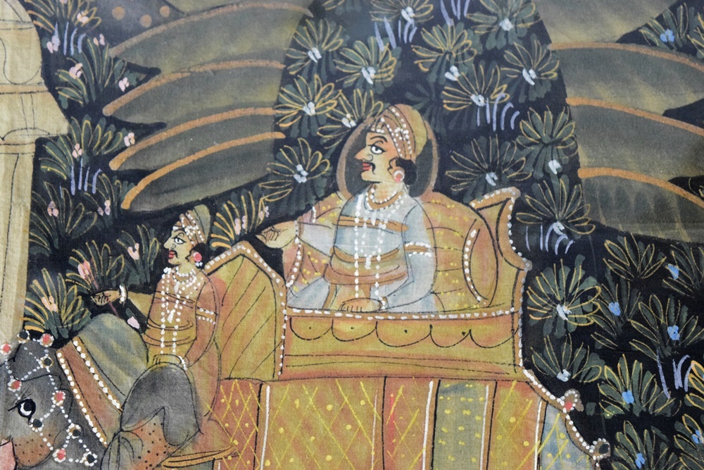 Indian Silk Painting Illustrating Marraige Procession with Elephants, Professionally Framed