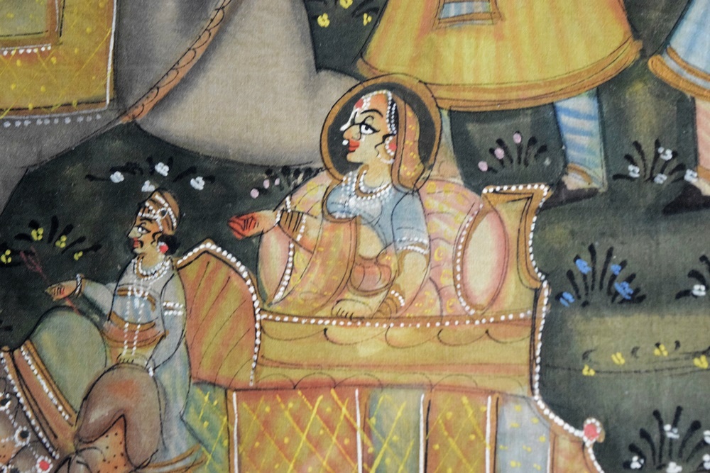 Indian Silk Painting Illustrating Marraige Procession with Elephants, Professionally Framed