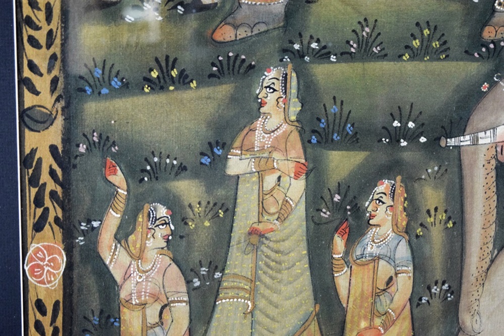 Indian Silk Painting Illustrating Marraige Procession with Elephants, Professionally Framed