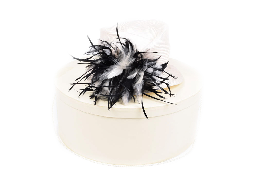 Giovannio White Cellophane Hat with Black and White Feathers