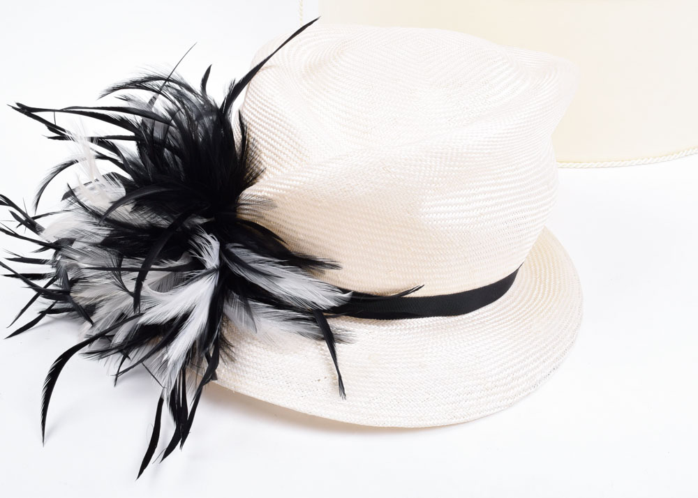 Giovannio White Cellophane Hat with Black and White Feathers