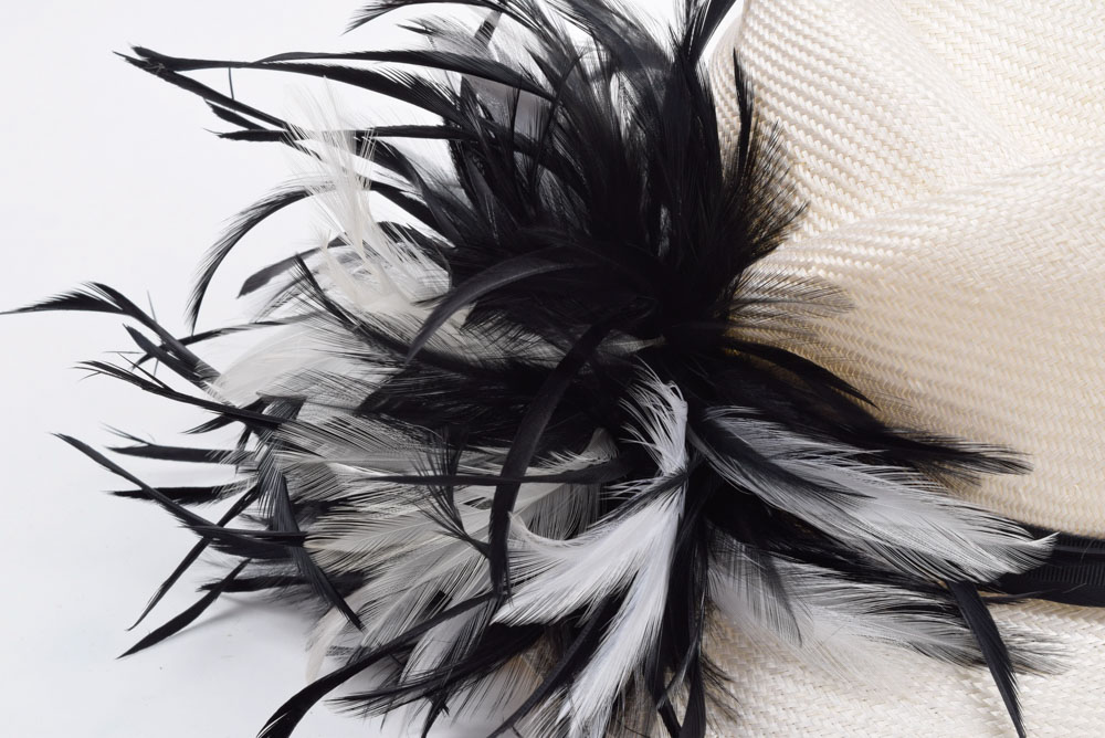 Giovannio White Cellophane Hat with Black and White Feathers