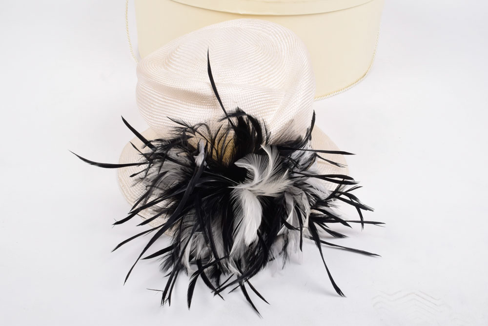 Giovannio White Cellophane Hat with Black and White Feathers
