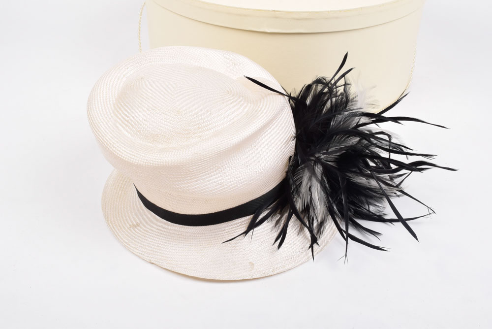 Giovannio White Cellophane Hat with Black and White Feathers