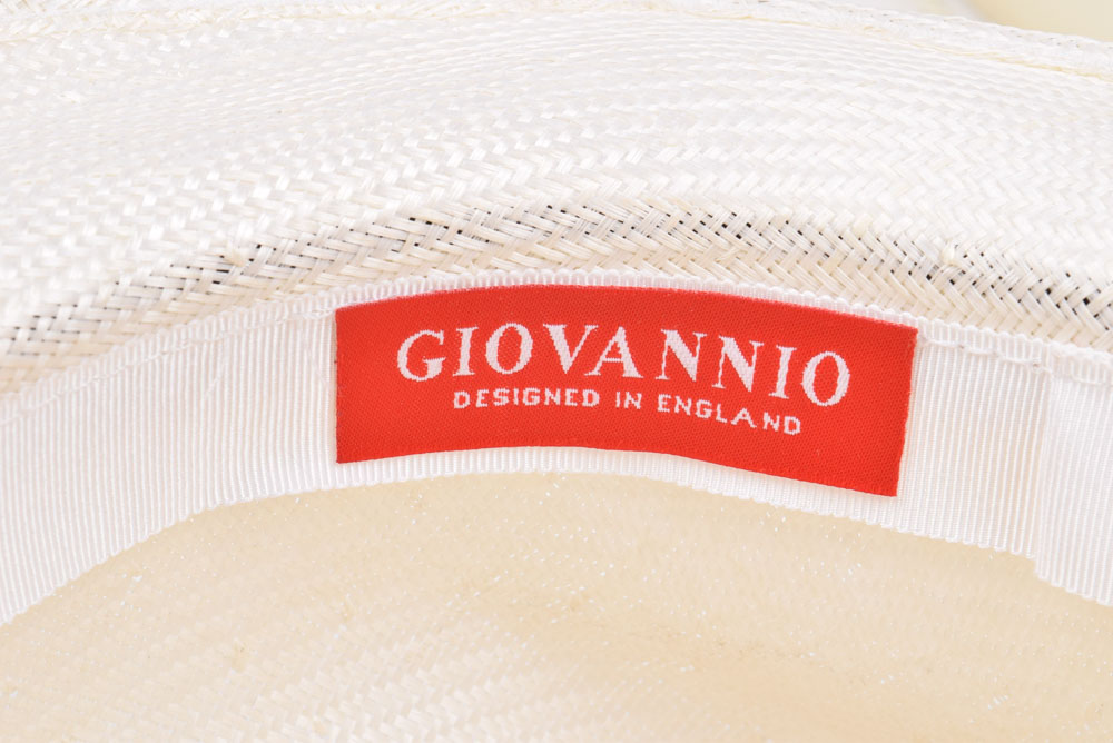 Giovannio White Cellophane Hat with Black and White Feathers