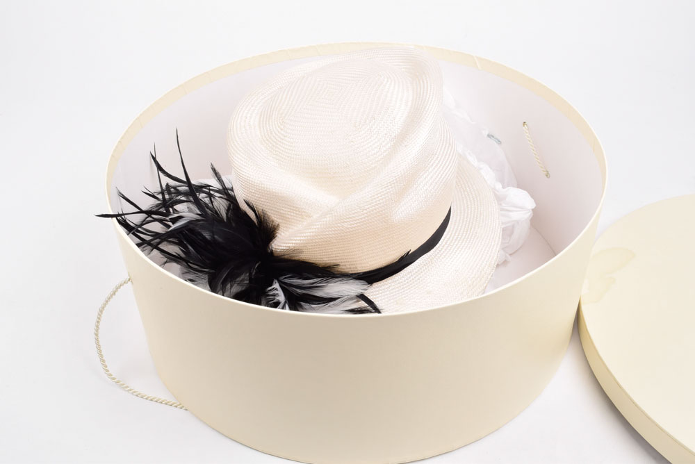 Giovannio White Cellophane Hat with Black and White Feathers