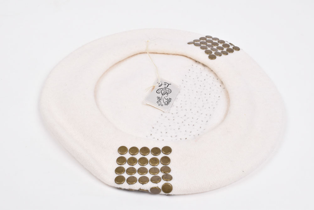 Lola Brand White Wool Beret Embellished with Studs