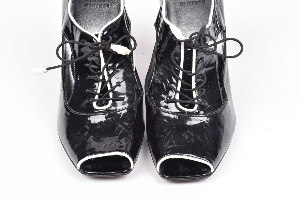 Stuart Weitzman Black Patent Leather Lace Up Peep Toe Heels Trimmed in White