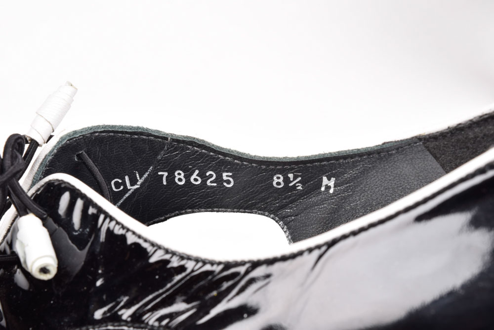 Stuart Weitzman Black Patent Leather Lace Up Peep Toe Heels Trimmed in White