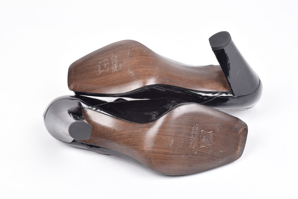 Stuart Weitzman Black Patent Leather Lace Up Peep Toe Heels Trimmed in White