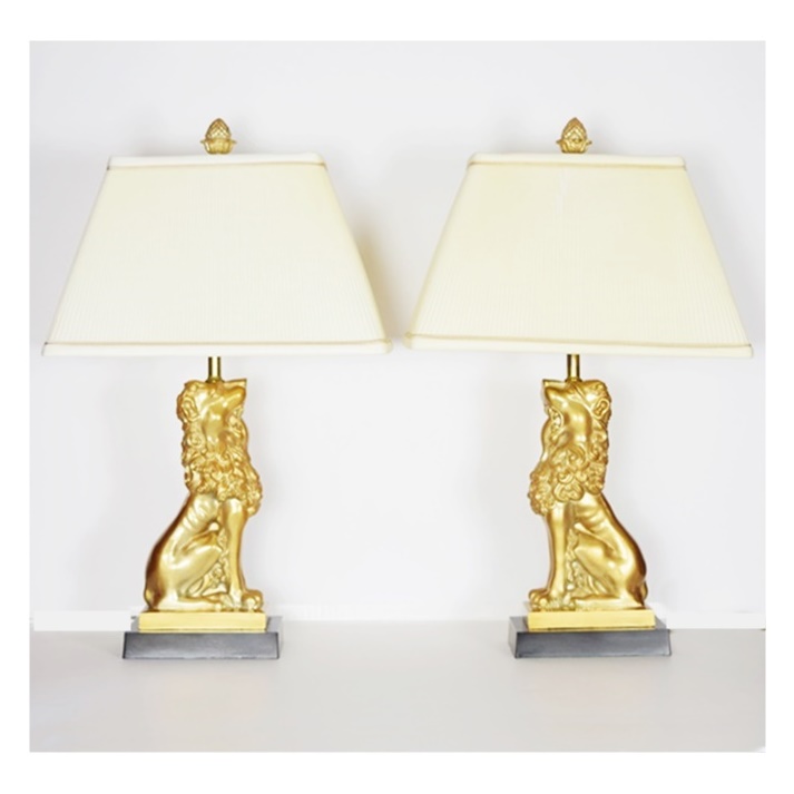 Pair of Gold Seated Lion table Lamps Having Rectangular Pleated Shades