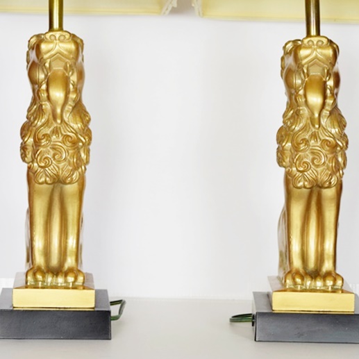 Pair of Gold Seated Lion table Lamps Having Rectangular Pleated Shades