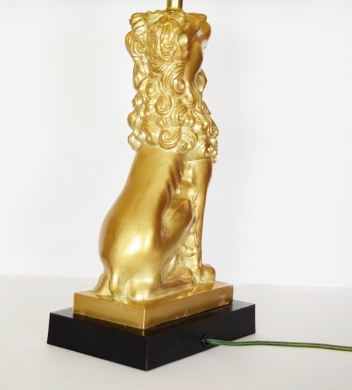 Pair of Gold Seated Lion table Lamps Having Rectangular Pleated Shades