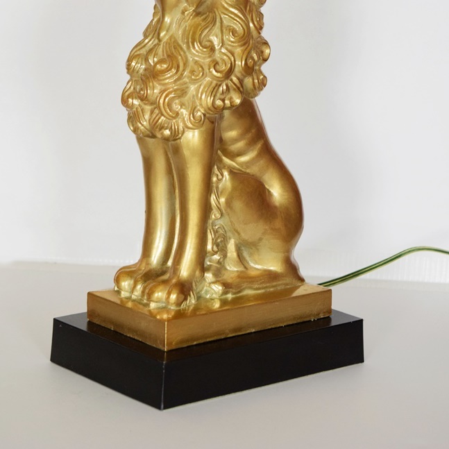 Pair of Gold Seated Lion table Lamps Having Rectangular Pleated Shades