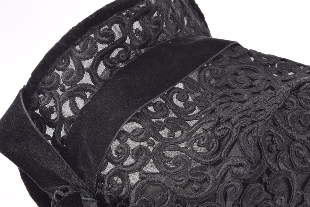 Black Vintage Inspired Hat with Scrolls and Black Velvet Band and Rose